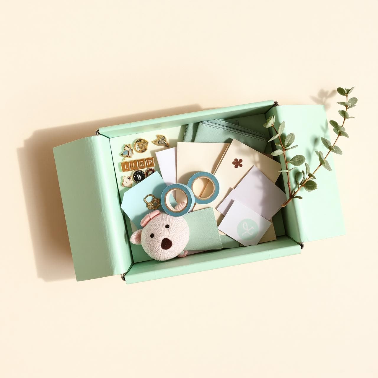 An open mint green mystery box filled with stationery, pins, and small curated objects on a cream background